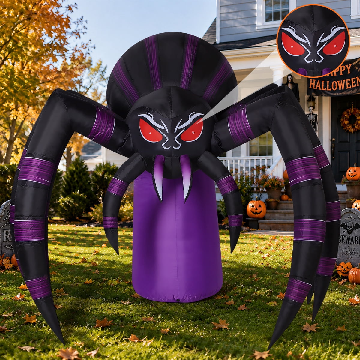 GOOSH Halloween Inflatable 7 FT Spooky Inflatable Halloween Spider, Giant Blow Up Spider with Built-in LED Lights, Outdoor Inflatable Halloween Decorations for Halloween Holiday Party