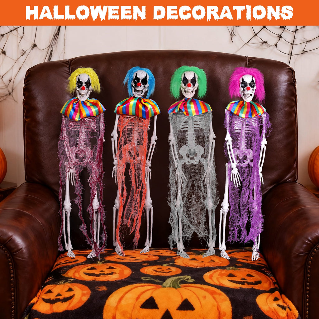 Fun Little Toys 15.7 Inches 4 Packs Halloween Scary Circus Clown Skeleton Hanging Ghost Skeleton in Clothes, Outdoor Indoor Yard Patio House Decor