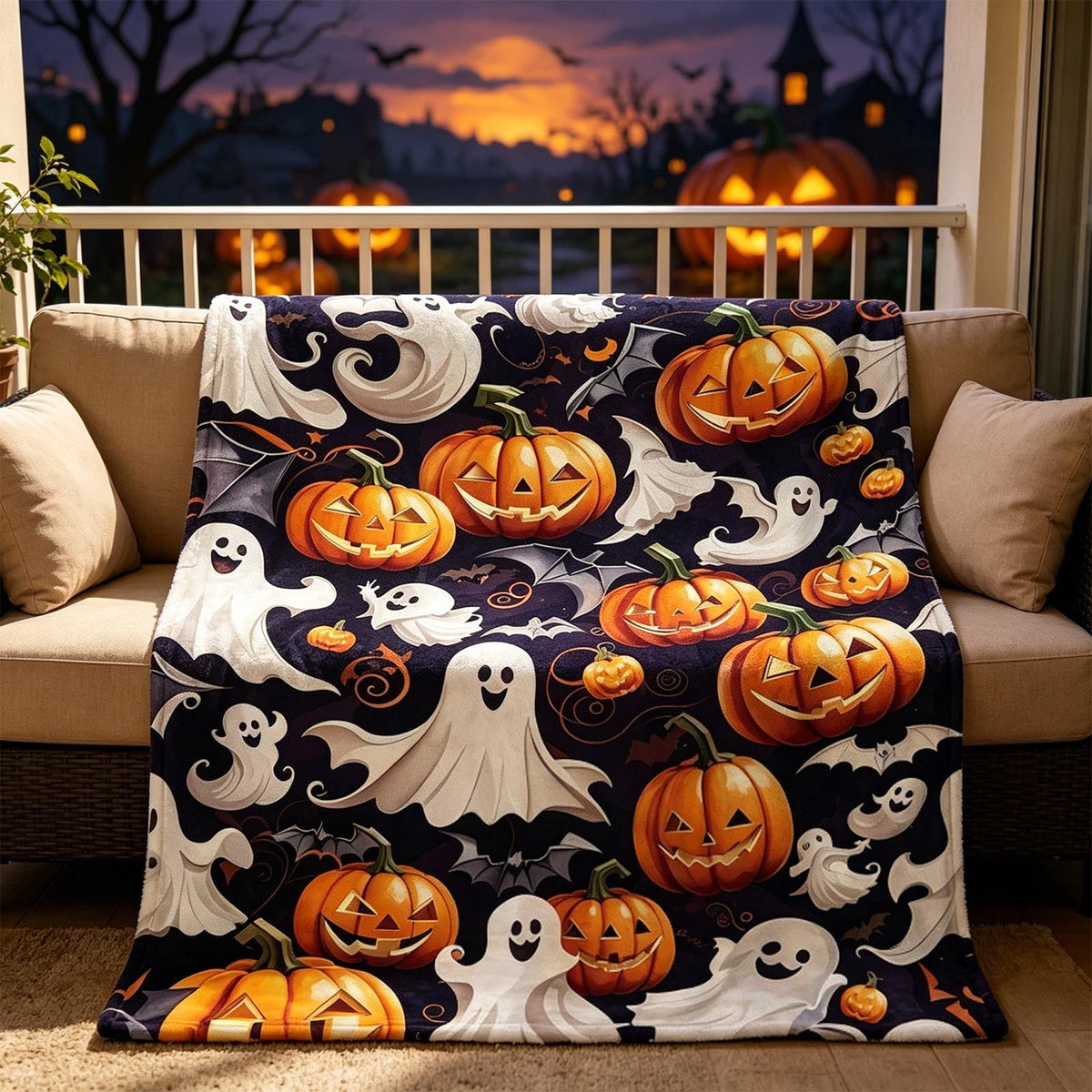 Halloween blanket,Halloween Print Throw Blanket Flannel Soft Cozy Decorative Nap Blanket with Ghost Pumpkin Skull for Office Bedroom Sofa Camping Travel(100x150cm/39x59 Inch),Black