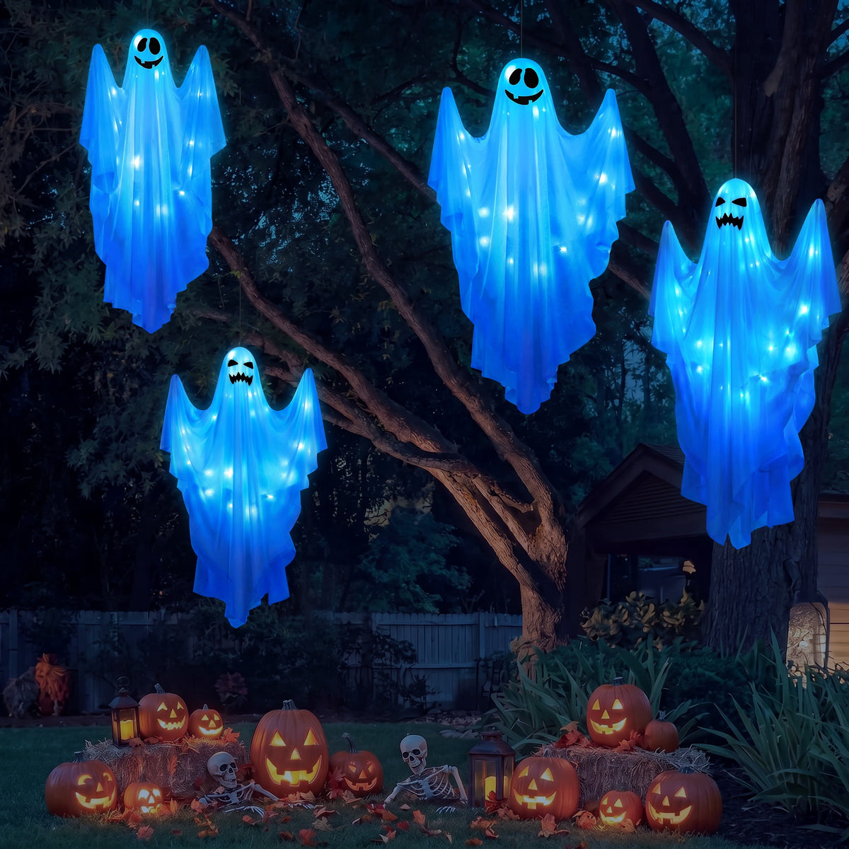 Scidweet Halloween Ghost Decor, 2 Pack 48" Light up Hanging Halloween Ghosts Blue LED Light Yard Garden Porch Outdoor Decorations