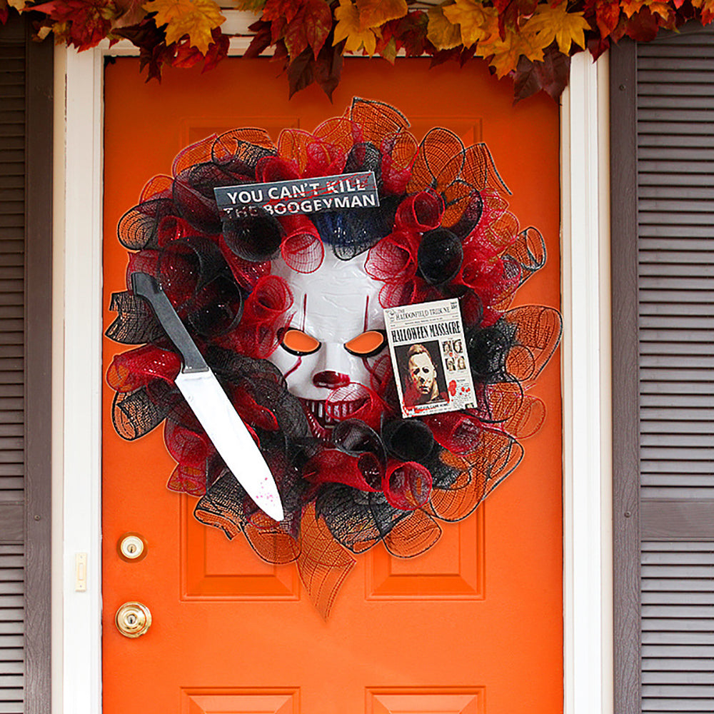 Halloween Red Mesh Mask Wreath, Creative Ghost Festival Party Wreath for Front Door Wall Hanging Haunted House Arrangement Props Festival Celebrations Decoration Holiday Home Decor