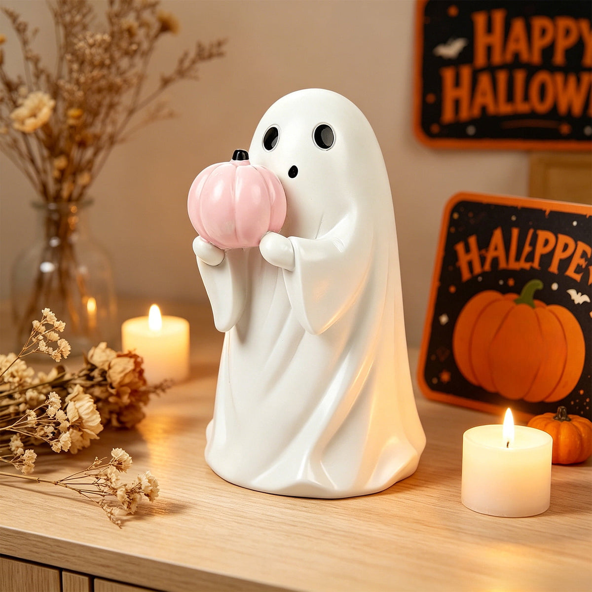 Halloween Ghost Figurine, Ghost Girl with Pink Bow & Hot Drink, Funny Ghost Statue Halloween Decor for Gift, Cute Spooky Tabletop Ornament for Home, Mantle, Desk & Party Decoration