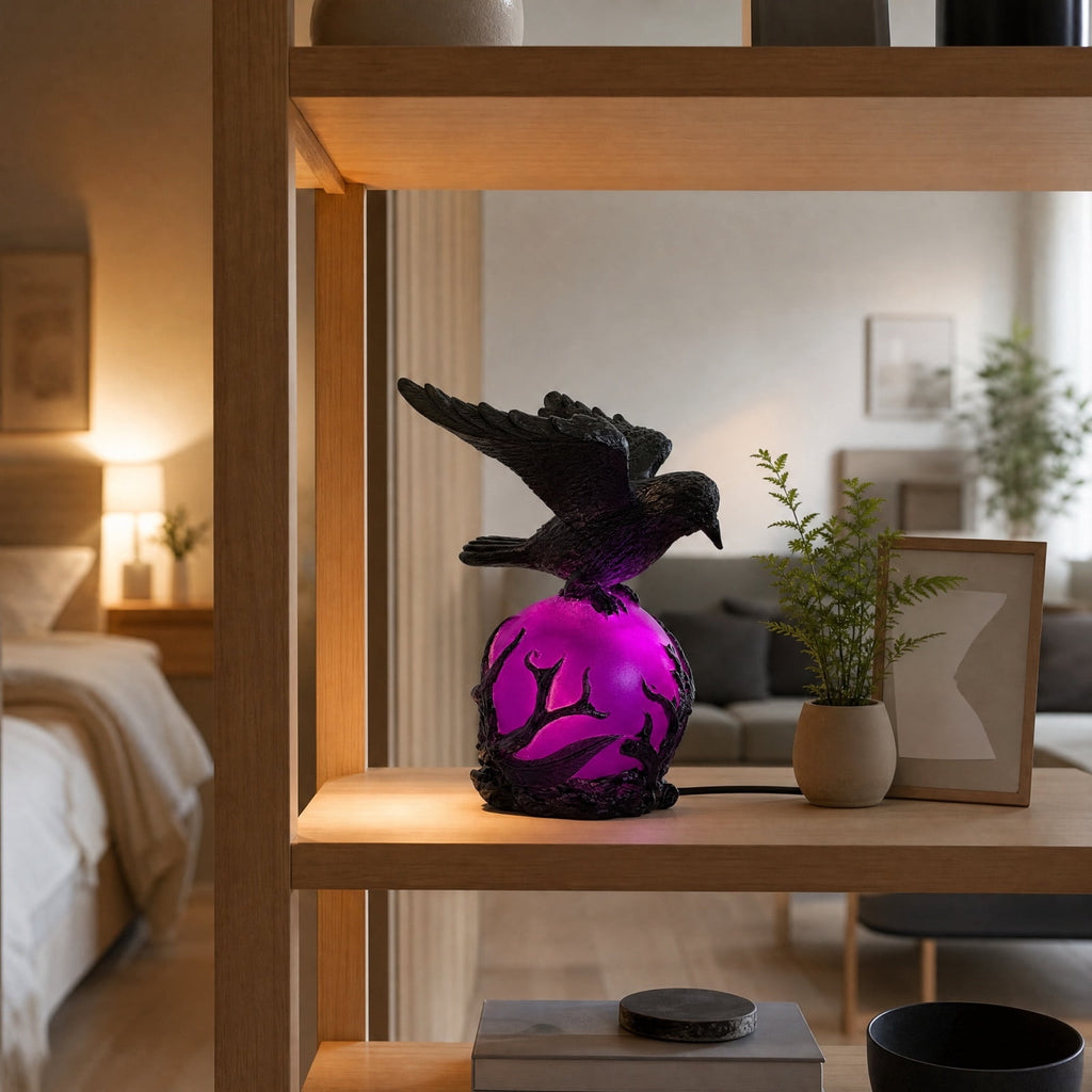 Gothic Mysterious Raven Lamp Light Sculpture, Resin Halloween Moonlight Luminous Crow Bird Led for Home Decor Gift, Bedroom Bedside, Living Room