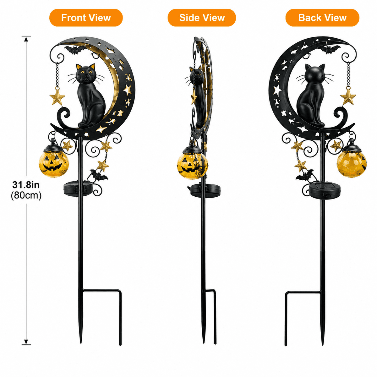 Halloween Crescent Moon Pumpkin Solar Stake Light, Star Hollow Cutout Ground Lamp, Anti Rust Halloween Decorations Party for Yard Walkway black