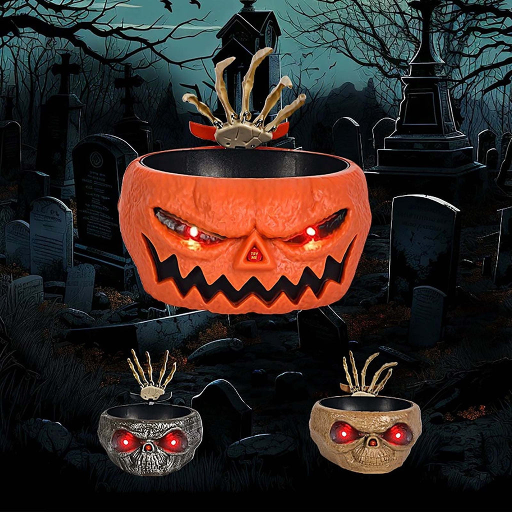 XIA0LE Halloween Candy Bowl Animated Pumpkin Candy Bowl With Moving Skeleton Hand Creepy Sound And Red Eyes For Halloween Decorations Indoors And Trick Or Treats (B)