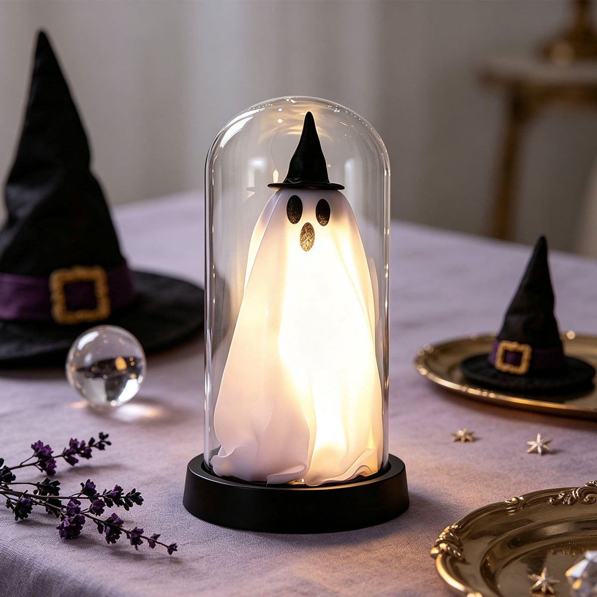 Orangide Halloween Ghost Cloche Night Light Fabric Ghost Lamp with Glass Dome for Mantel Shelf Spooky Party and Home Decor Ornament