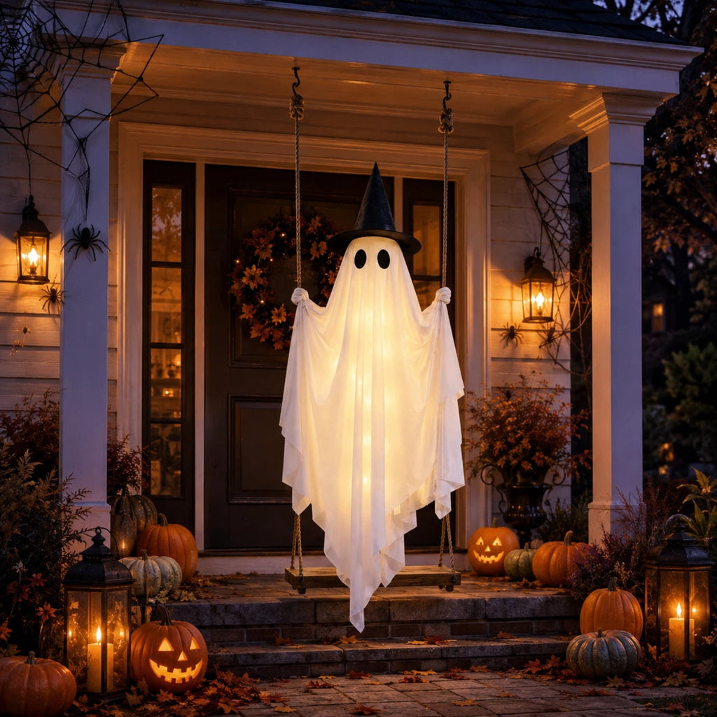 Light Up Swinging Ghost Outdoor Decor, 6.56FT Pre-Assembled LED Hanging Ghost on Swing with Remote Control, Halloween Decorations Outdoor for Porch Yard Tree