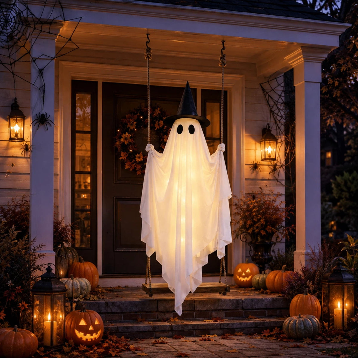 Light Up Swinging Ghost Outdoor Decor, 6.56FT Pre-Assembled LED Hanging Ghost on Swing with Remote Control, Halloween Decorations Outdoor for Porch Yard Tree