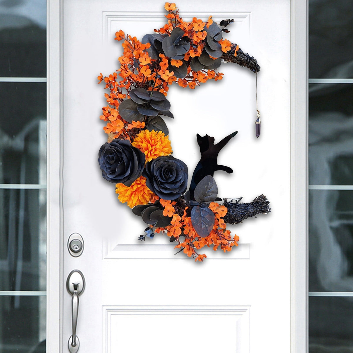 Halloween Moon & Cat Wreath with Lights - Gothic Black Branch Wreath for Front Door, Indoor/Outdoor Spooky Decor with LED Illumination