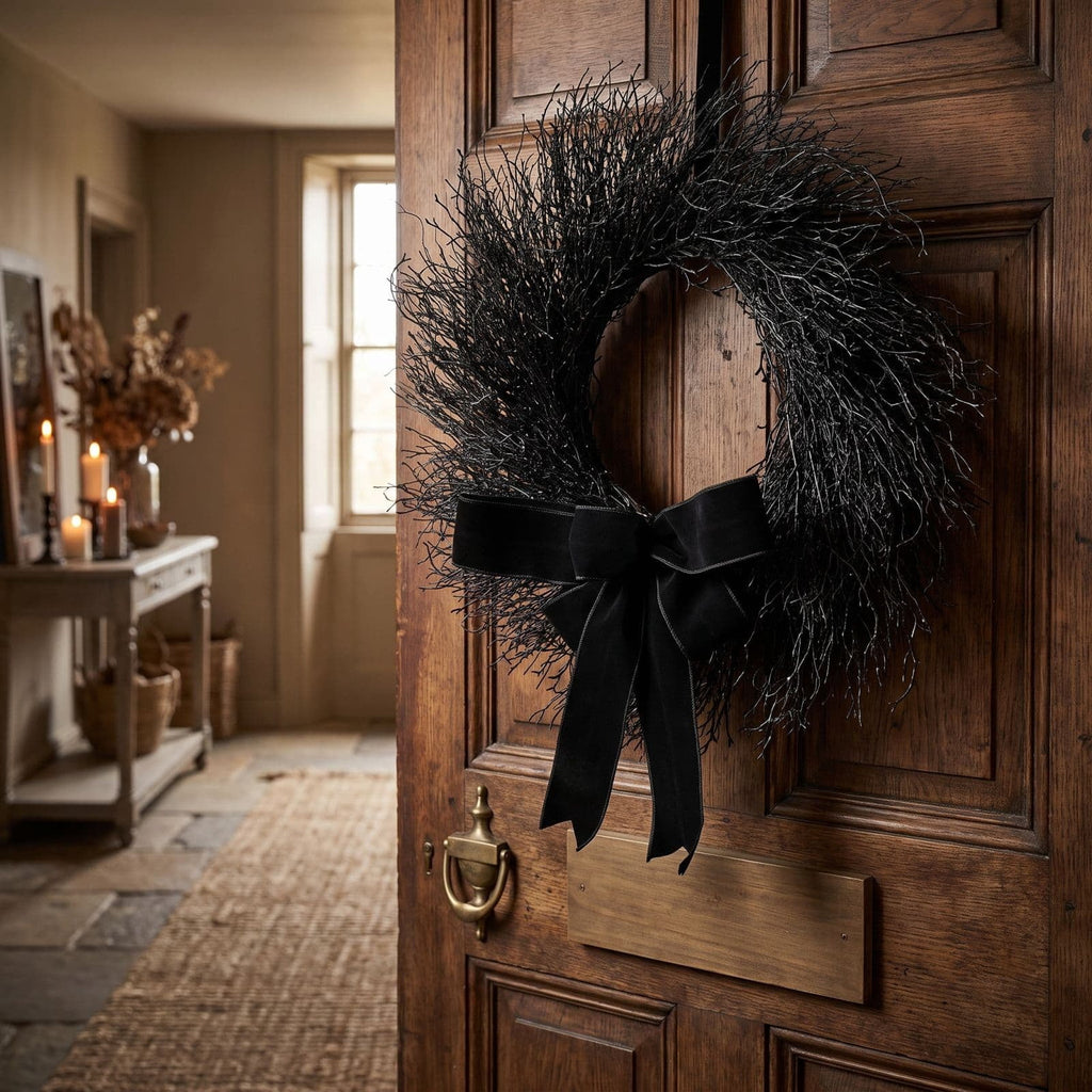 Black Halloween Wreath for Front Door, 16 Inch Twig Wreath with Velvet Bow, Gothic Fall Farmhouse Decorative Wreath for Porch Mantel Entryway Home Decor
