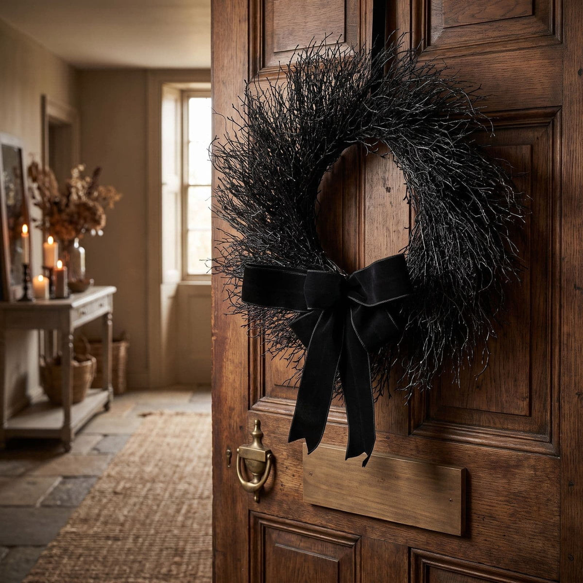 Black Halloween Wreath for Front Door, 16 Inch Twig Wreath with Velvet Bow, Gothic Fall Farmhouse Decorative Wreath for Porch Mantel Entryway Home Decor