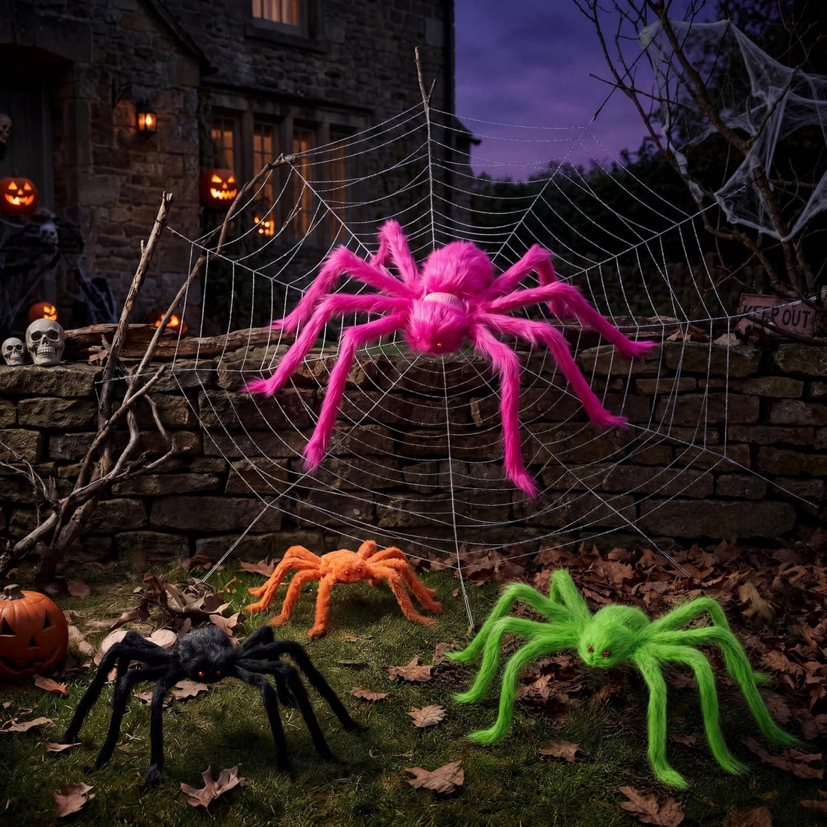 Joyfy 6 Packs Colorful Hairy Giant Spiders Halloween Decorations Outdoor,Multi-Size Outdoor Halloween Spider Decorations for Yard Lawn & Patio (30", 30", 20", 20", 12", 12")