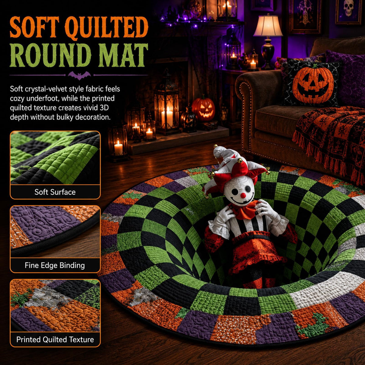 Deep Vortex Illusion Rug, 3D Halloween Round Floor Mat with Non-Slip Backing