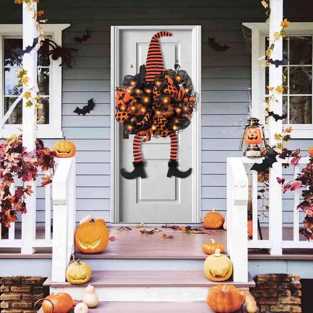 Pre-Lit Halloween Witch Wreath with Fairy Lights, Hanging Decor for Front Door, Porch, or Wall