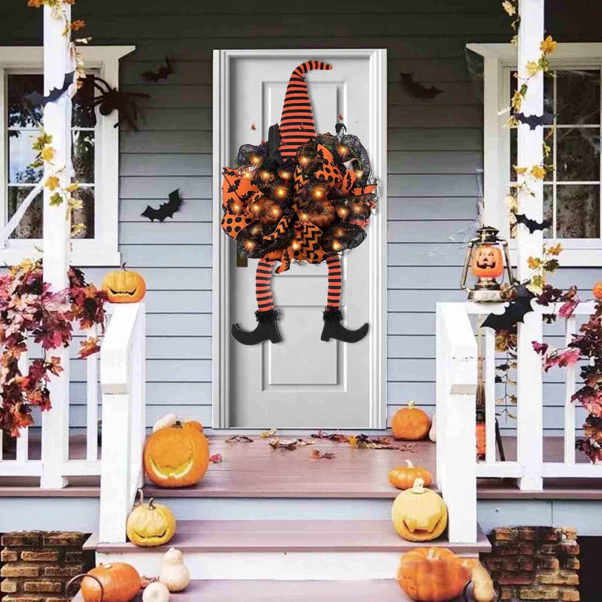 Pre-Lit Halloween Witch Wreath with Fairy Lights, Hanging Decor for Front Door, Porch, or Wall