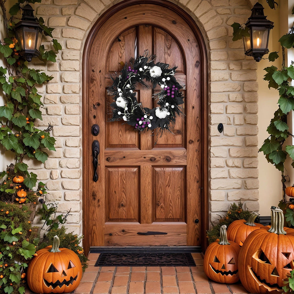 Halloween Wreath with Lights for Front Door, Collapsible Pre-Lit Wreath with Pumpkin Halloween Decorations for Home Wall Decor