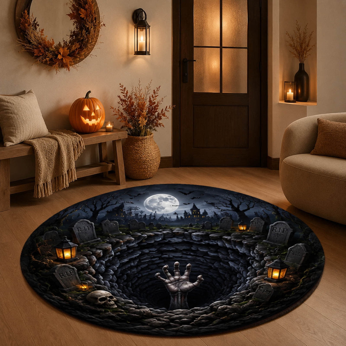 Win s Way 3D Illusion Round Halloween Rug Optical Illusion Doormat Non- Washable Entryway Decor Spooky Fall Front Door Mat for Party Decoration Available in 15.8/23.6/31.5 Inch