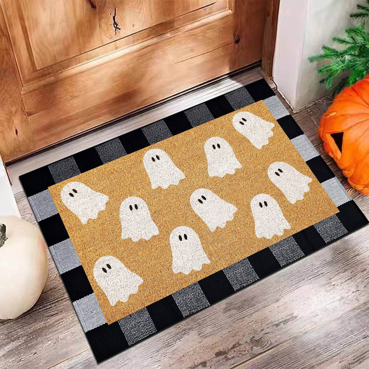 Halloween Ghost Coir Doormat, 17x30 Inch Outdoor Front Door Mat with Cute Ghost Design, Non Backing for Porch Entryway, Fall Welcome Floor Mat for Home Entrance (Coffee)