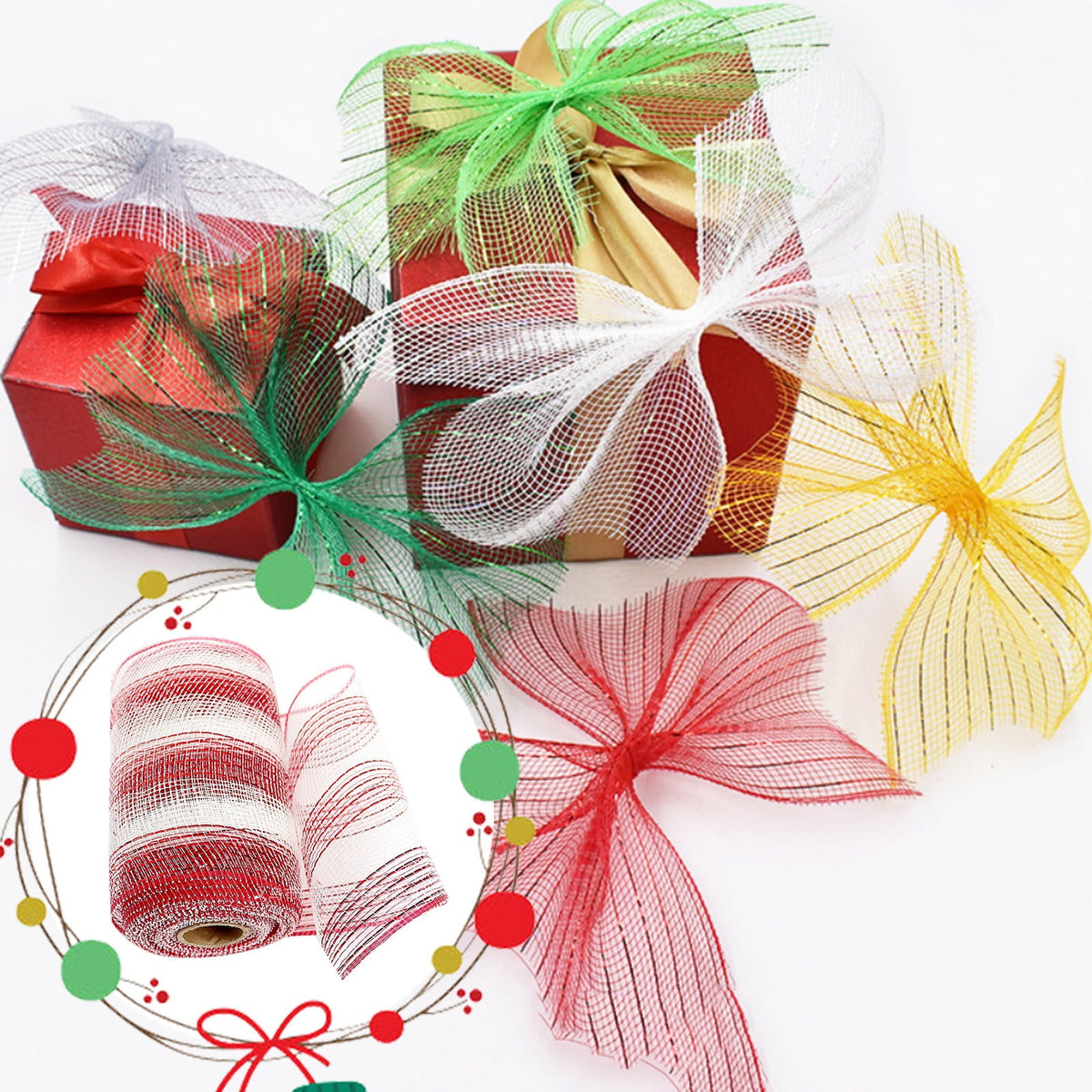 15cm x 10 Yard Poly Decorating Mesh Ribbon with Metallic Foil Each Roll for Wreaths, Swags Bows Wrapping and Decorating Projects-1 Roll