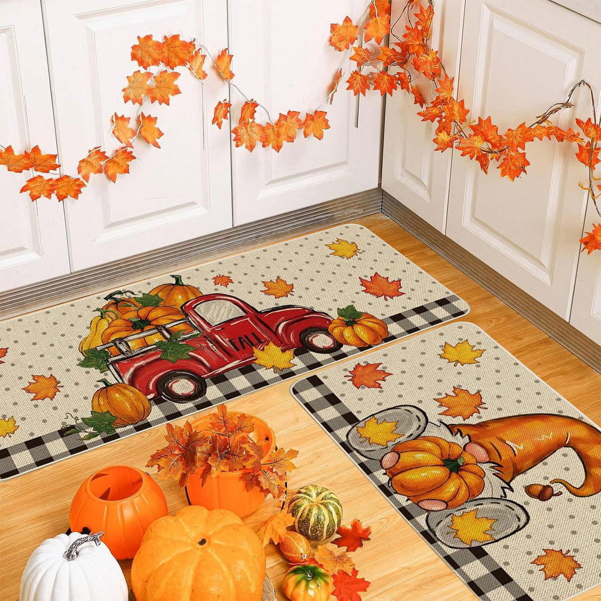 HOARBOEG Fall Pumpkin Maple Leaf Floor Mat 2-Piece Set - Non-Slip Halloween Thanksgiving Decorative Rug for Bathroom, Kitchen, Porch, Entrance, Polyester Foot Mats, Easy Clean Indoor/Outdoor