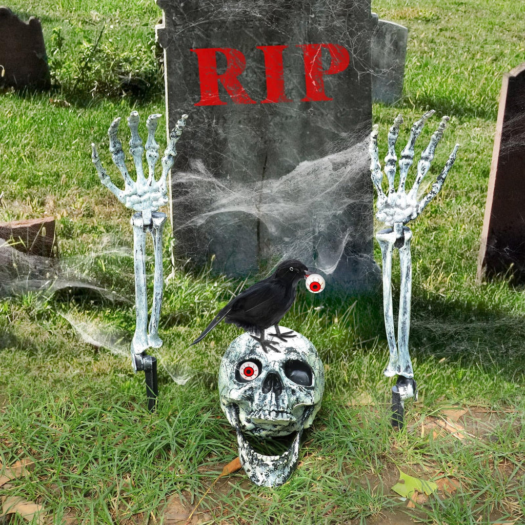 WETRBWEH Halloween Skeleton Stakes with Crow and Red Eyes Garden Halloween Decorations for Lawn Outdoor