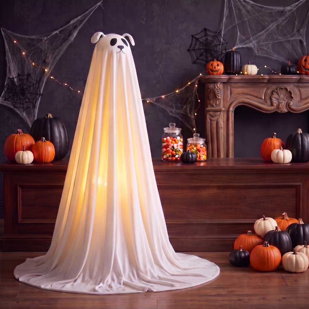 Joyfy 47"Cute Ghost Dog Halloween Decoration Outdoor, Reusable Spooky Standing Dog with Stakes, Soft White Light LED & 6 Hours ON + 18 Hours OFF Timer, Adorable Halloween Decor for Front Porch Yard