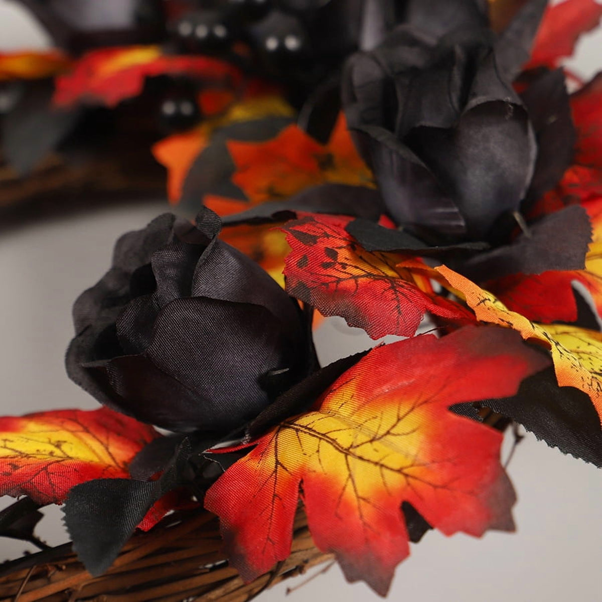 Halloween Wreaths for Front Door,16 inch Black Rose Halloween Wreaths with Lights Berry Maple Leaf Small Bell,Scary Halloween Home Decoration for Indoor,Outdoor,Wall Window,Porch,Garden,Home,Party