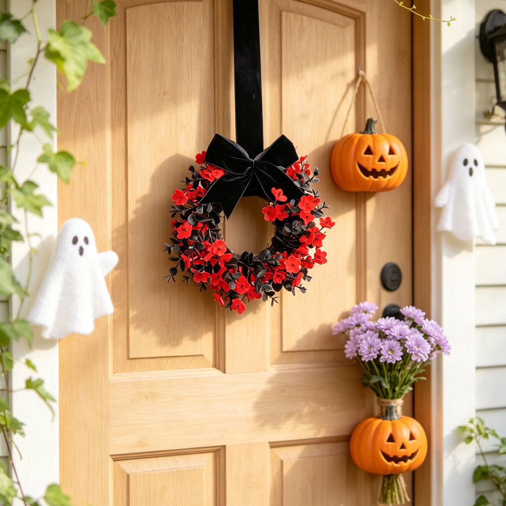 Halloween Star Shaped Bow Wreath for Window Door Display, Autumn Festival Artificial Wreath Decor