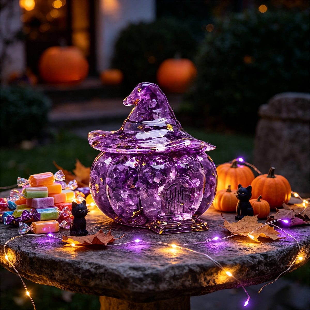 Halloween Pumpkin Candy Bowl with Lid, Decorative Plastic Treat Jar with Crushed Stone Look for Candy Serving and Seasonal Table Display, Reusable Spooky Home Accent, Home Decor, Brown