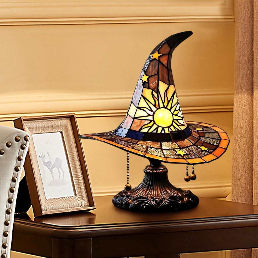 Stained Glass Witch hat lamp, 7" Halloween Gothic Mystic Room Decor Handcrafted Ceramic Phantom Figurine, USB Rechargeable LED Glowing Lantern for Bedroom Living Room Mantel Home Decor