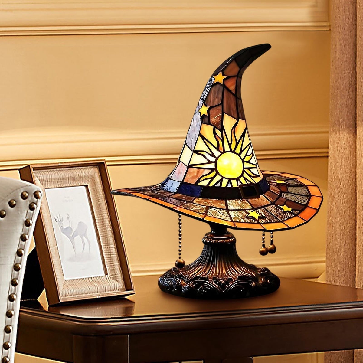 Stained Glass Witch hat lamp, 7" Halloween Gothic Mystic Room Decor Handcrafted Ceramic Phantom Figurine, USB Rechargeable LED Glowing Lantern for Bedroom Living Room Mantel Home Decor