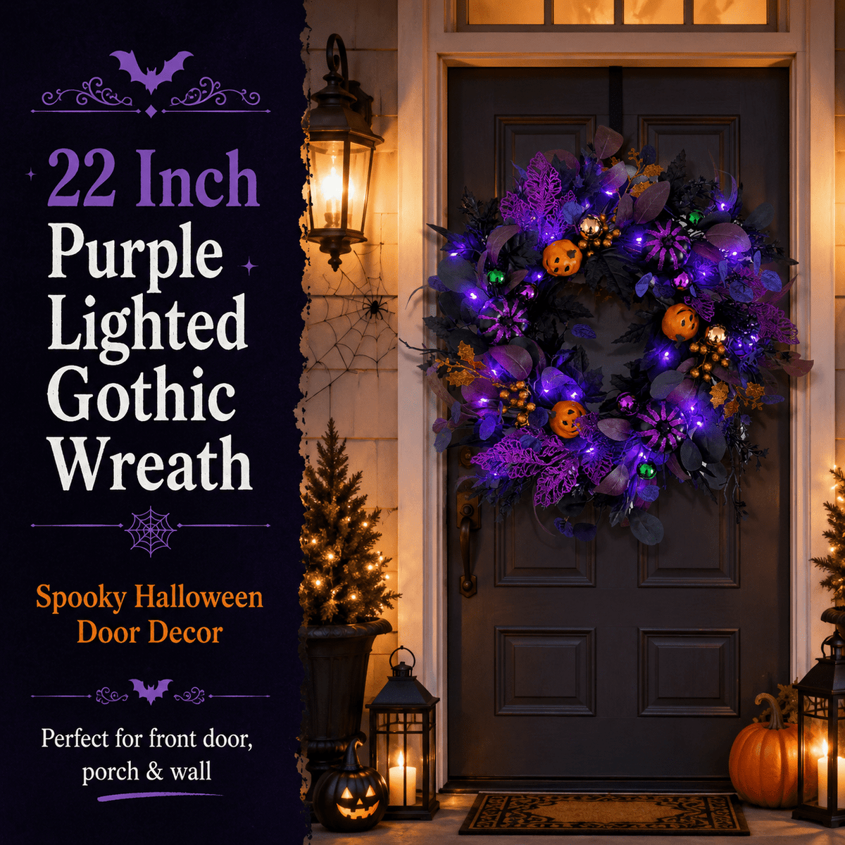 SLUMLOVE 22 in Lighted Halloween Wreath, Black and Purple Pumpkin Door Decor for Front Door, Porch, Wall, Indoor and Covered Outdoor