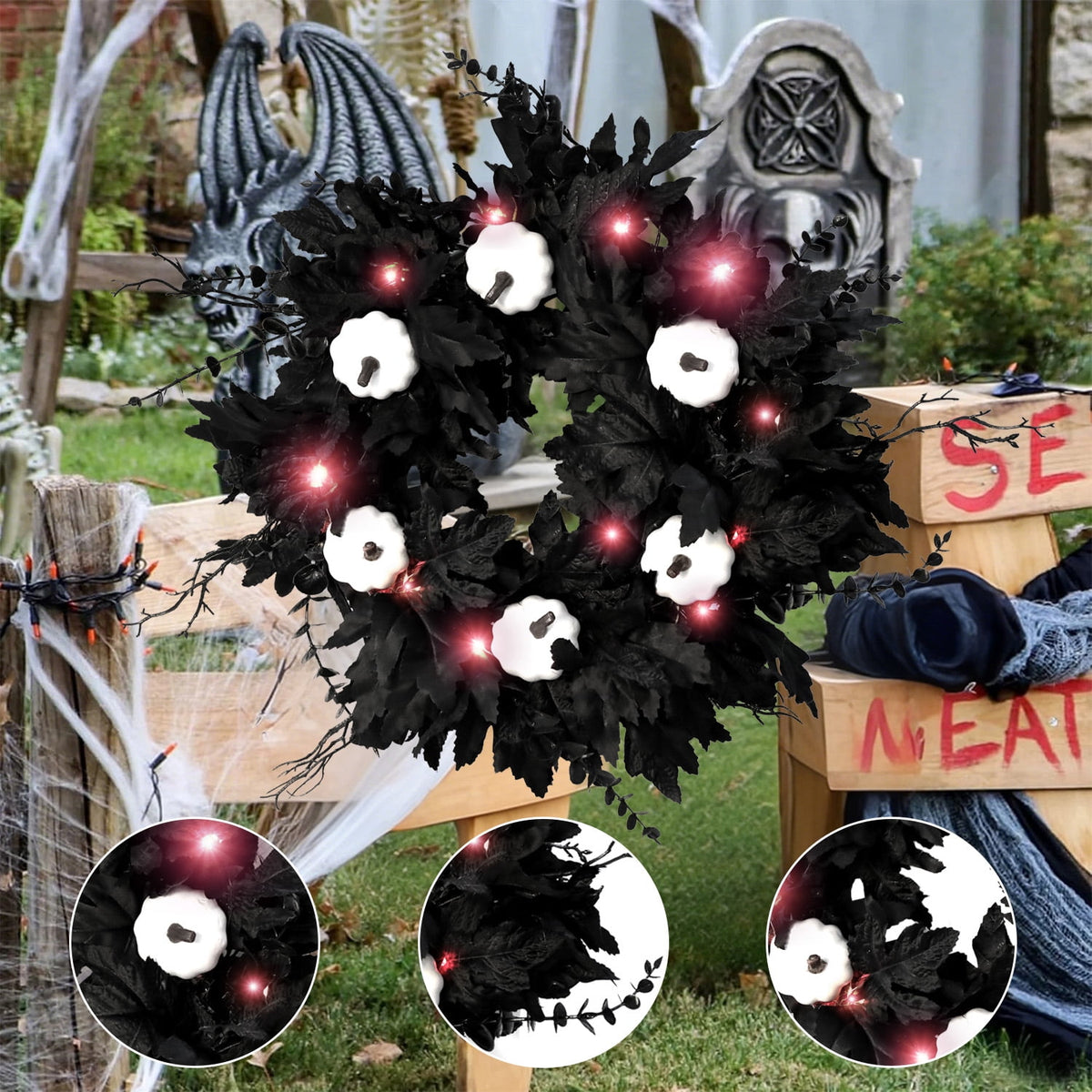 Halloween Wreaths Decoration for Front Door,Black Maple Pumpkin Wreath Decor with Lights,Fall Artificial Flower Wreath for Halloween Thanksgiving Wall,Window,Indoor Outdoor Halloween Home Decoration