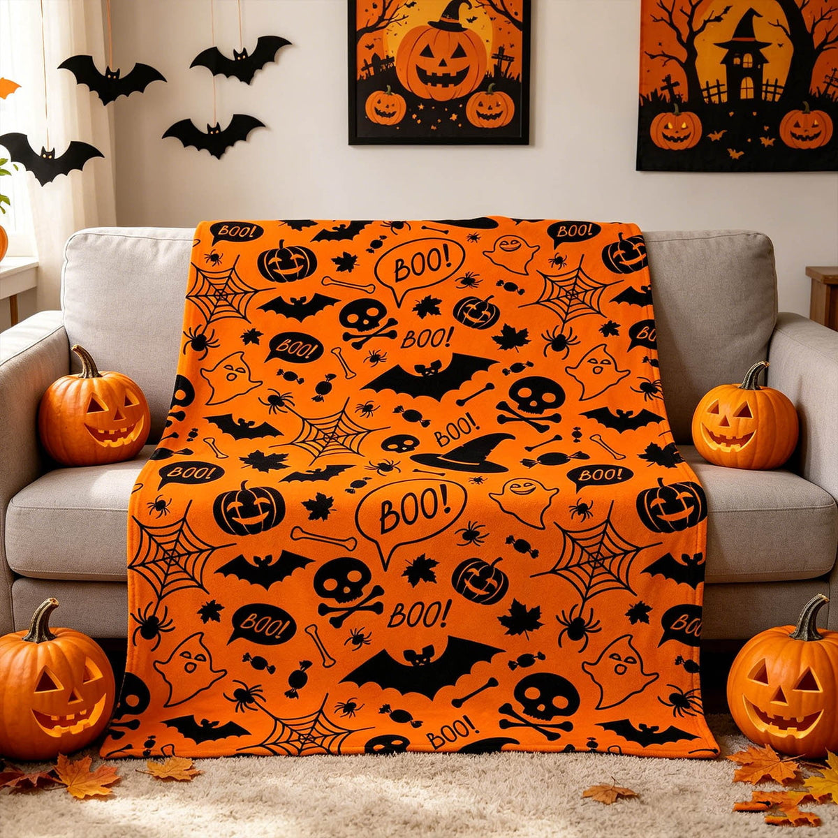 Halloween blanket,Halloween Print Throw Blanket Flannel Soft Cozy Decorative Nap Blanket with Ghost Pumpkin Skull for Office Bedroom Sofa Camping Travel(100x150cm/39x59 Inch),Black