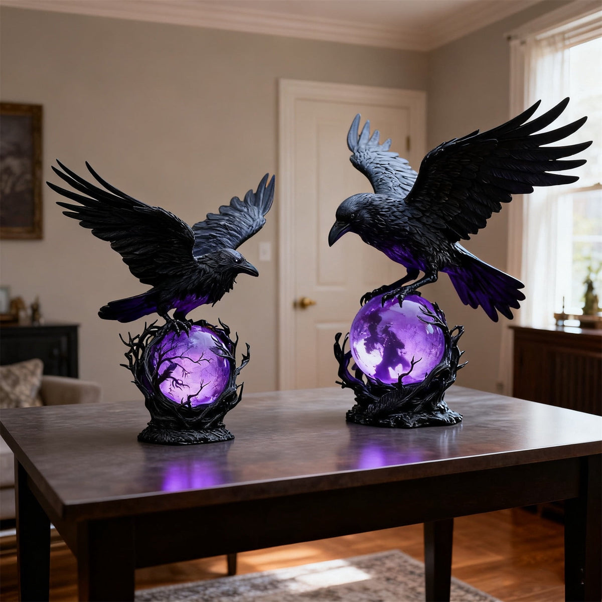 Gothic Mysterious Raven Lamp Light Sculpture, Resin Halloween Moonlight Luminous Crow Bird Led for Home Decor Gift, Bedroom Bedside, Living Room