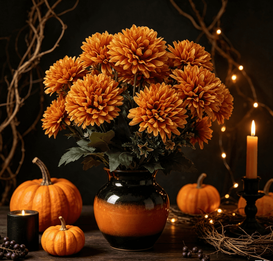 1Pack Faux Fall Mums for Outside Artificial Mums Outdoor Clearance Chrysanthemum Bush Silk - Orange Fall Decorations for Home Fall Wedding Flowers