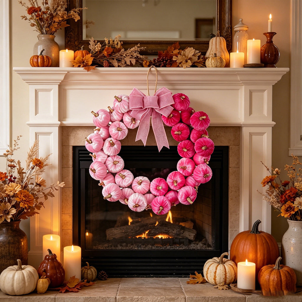 Diceymbol Pastel Velvet Pink Pumpkin Wreath with Pink Bow for Front Door Halloween Decorations 17 Inch