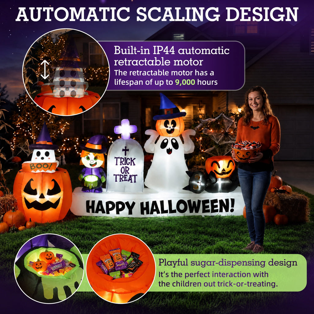 BSHAPPLUS® 9ft Halloween Inflatable Decorations,Blow up Yard Decor with Auto-Scaling Ghost in Pumpkin, Witch, Tombstone,Black Cat,Built-in LED,IP44 Waterproof for Outdoor Lawn Garden Party