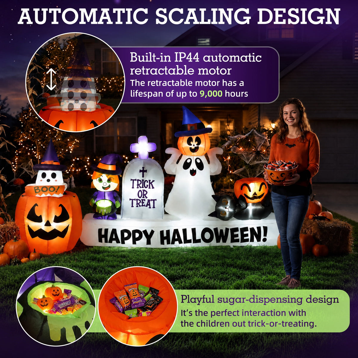 BSHAPPLUS® 9ft Halloween Inflatable Decorations,Blow up Yard Decor with Auto-Scaling Ghost in Pumpkin, Witch, Tombstone,Black Cat,Built-in LED,IP44 Waterproof for Outdoor Lawn Garden Party