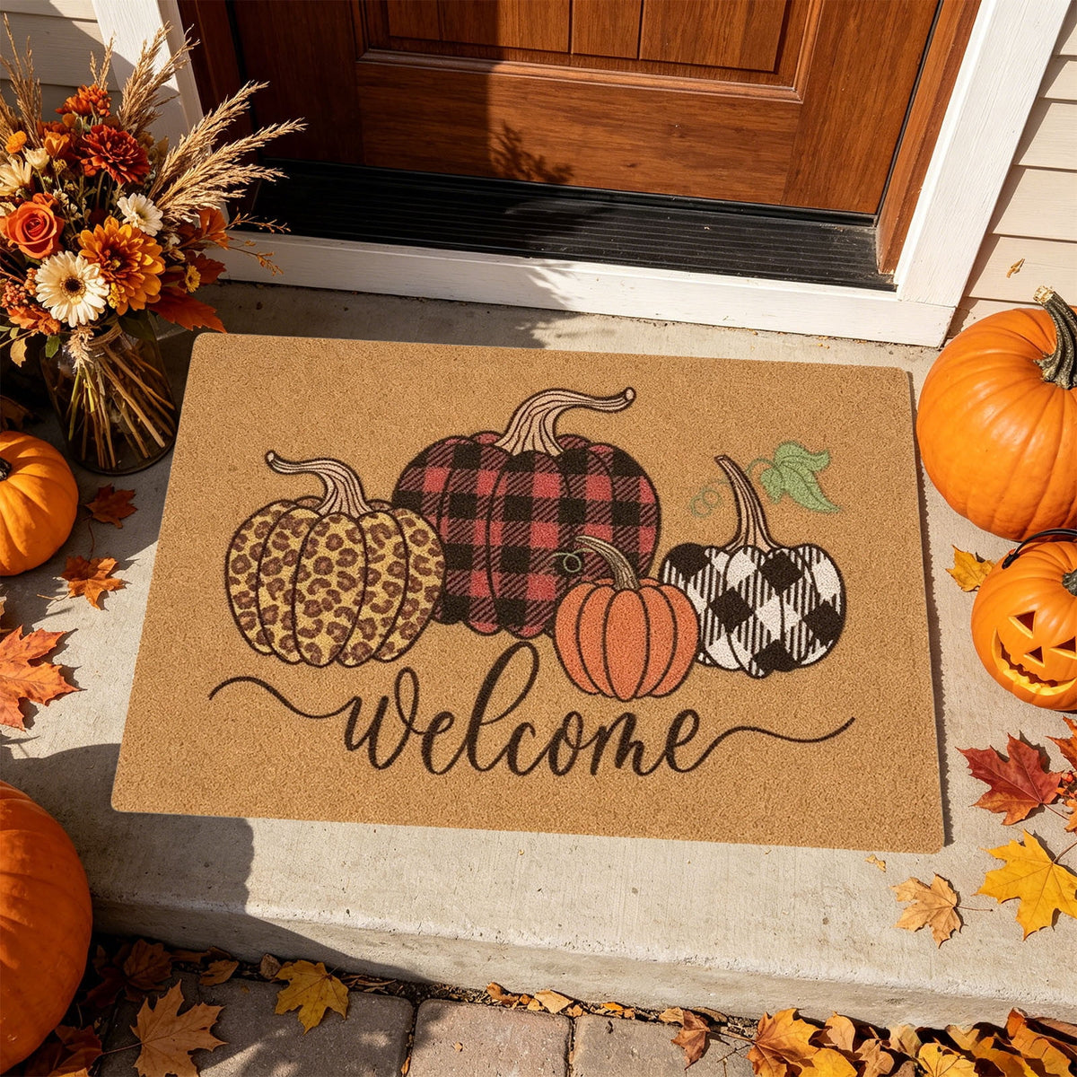 Fllostpr Halloween Pumpkin & Crow Welcome Doormat for Front Door, Non-Slip Vintage Brown Coir Floor Mat for Outdoor Porch Entryway Decor,16x24 Inch