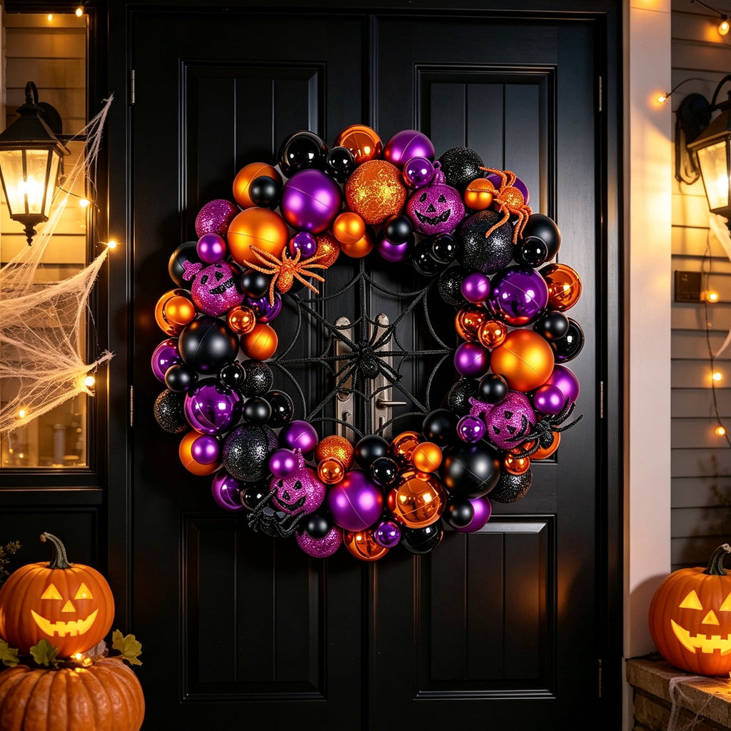 Godance 16 Inch Purple Halloween Spider Ball Wreath for Front Door, Halloween Treat-or-Trick Door Wreath Plastic Ball Ornament for Halloween Indoor Decorations Centerpiece Party Holiday Wall Decor