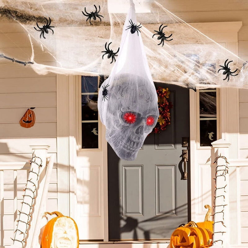 Cuteam Halloween Skull Decor Spooky Voice Activated Skeleton Skull Ornament with LED Red Eyes & Spider Haunted House Decorative Props Halloween Party Decoration for Indoor Outdoor