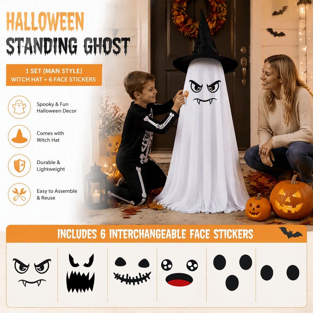 Tumao Halloween Decorations Outdoor, Light Up Spooky Ghosts Decoration, Cute Halloween Decorations Indoor, DIY Ghost Kit Decor with Emoji Stickers Witch Hat for Party, Yards, Porch, Gardens