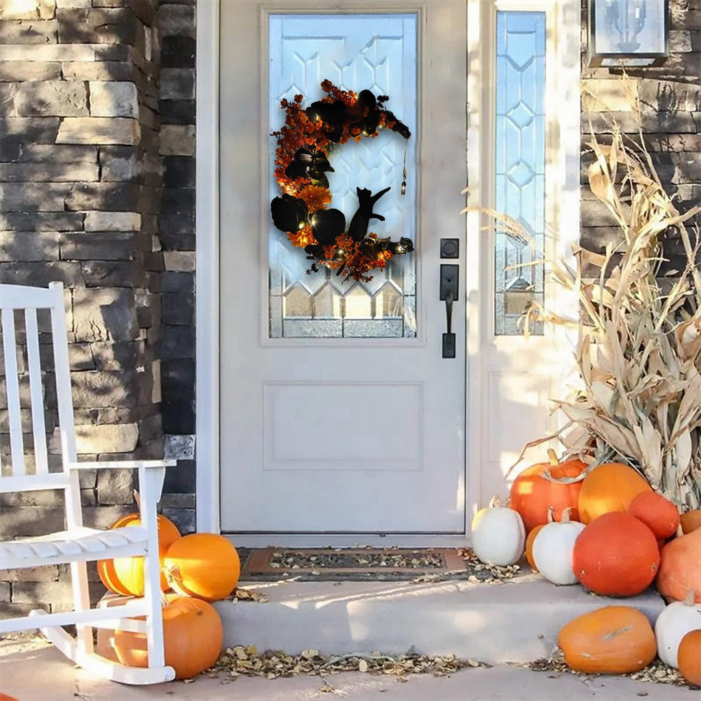 Halloween Moon & Cat Wreath with Lights - Gothic Black Branch Wreath for Front Door, Indoor/Outdoor Spooky Decor with LED Illumination