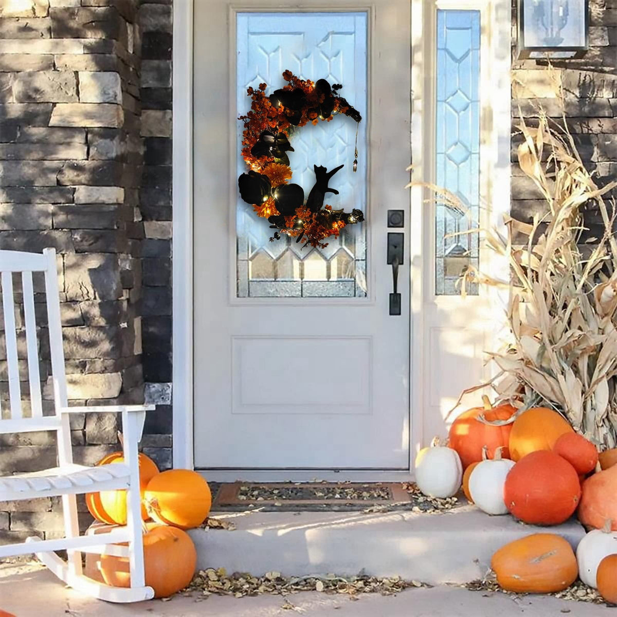 Halloween Moon & Cat Wreath with Lights - Gothic Black Branch Wreath for Front Door, Indoor/Outdoor Spooky Decor with LED Illumination