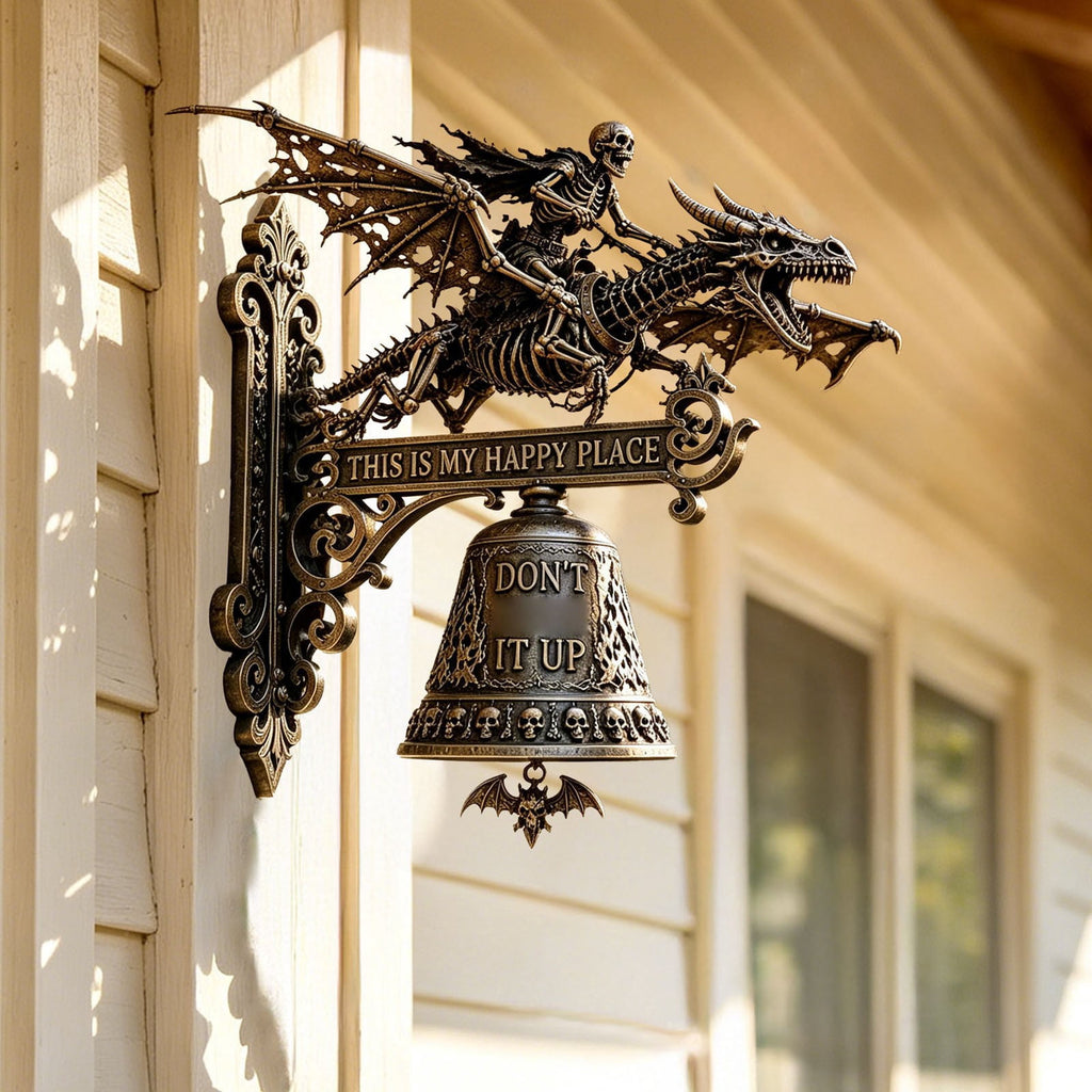 Metal Skeleton Dragon Rider Wall Bell, Gothic Skull Bat Embossed Doorbell Plaque with Quote Sign, Spooky Vintage Wall Hanging Decor for Front Door Halloween Home Ornament 6 Inch