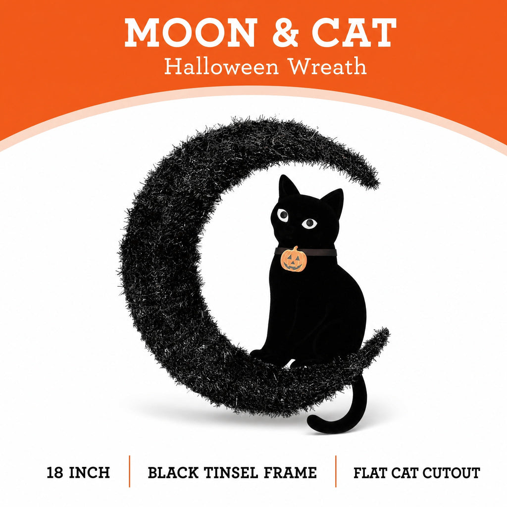 Moon and Cat Wreath, Black, 20" x 24", Halloween by Way To Celebrate