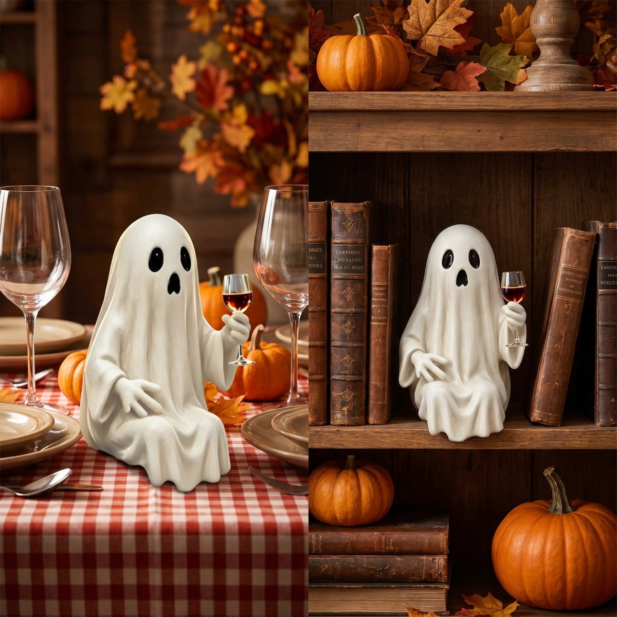 Halloween Ghost Figurine, Ghost Girl with Pink Bow & Hot Drink, Funny Ghost Statue Halloween Decor for Gift, Cute Spooky Tabletop Ornament for Home, Mantle, Desk & Party Decoration