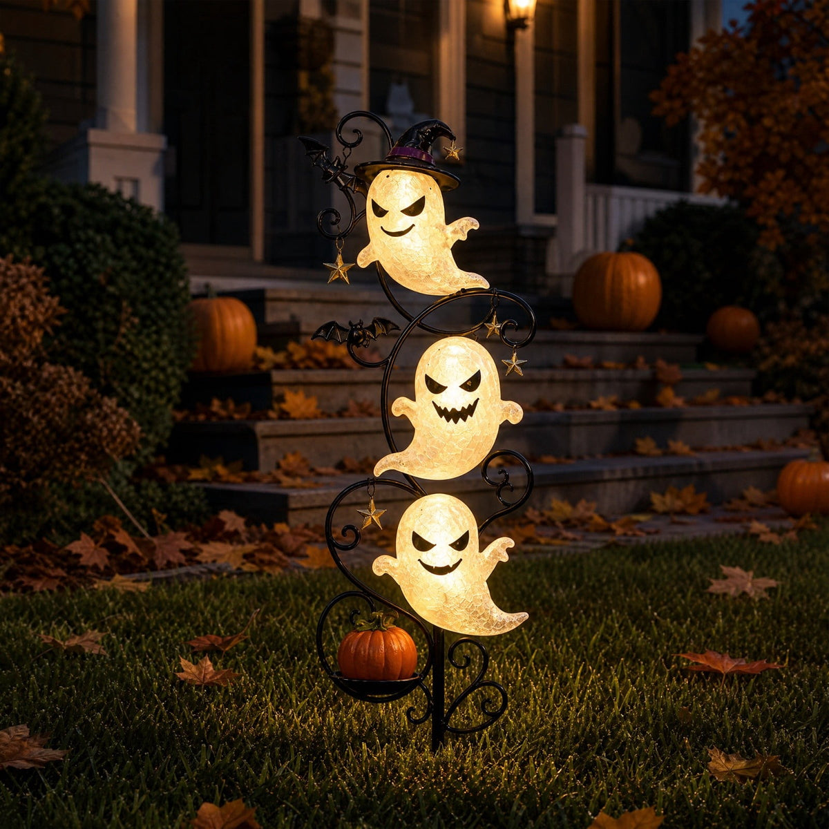 Halloween Solar Garden Stake Light,Metal Hanging Pumpkin Lantern Waterproof for Yard Lawn Proch
