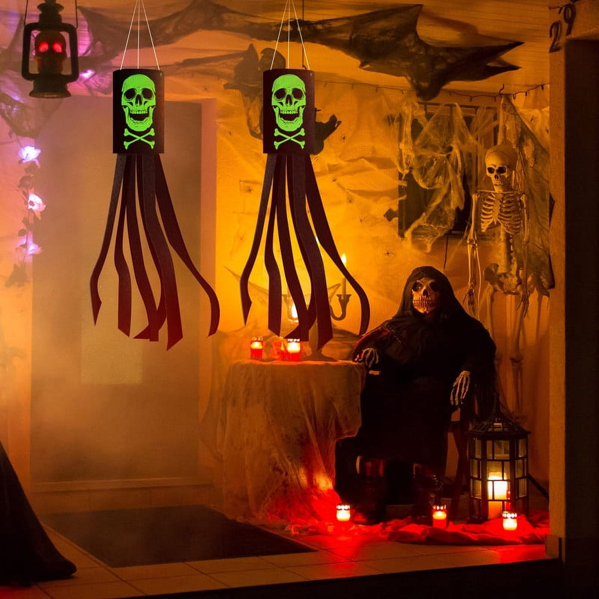 2 Pack 40 Inch Halloween Luminous Ghost Skull Windsock Flag, Glow in The Dark Skeleton Windsocks Flag, Outdoor Hanging Decor for Yard Patio Garden Pathway Party Decoration